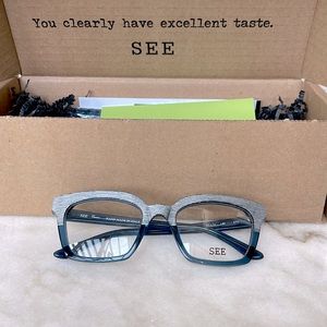 SEE Eyewear blue and wood grain frames